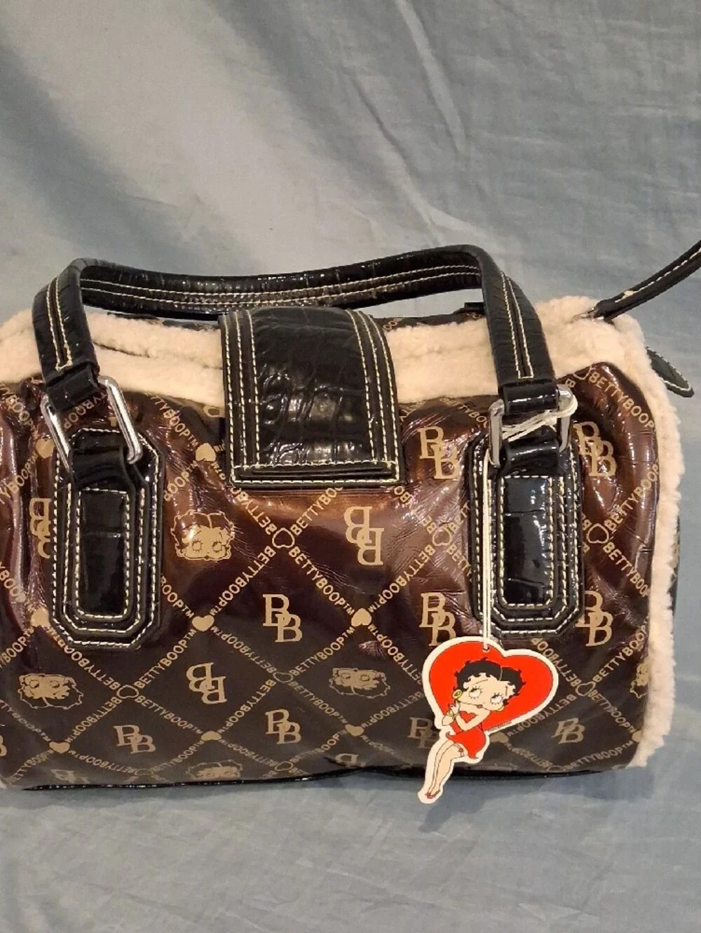 Vintage 2007 Betty Boop Brown Logo Bag Purse with Cream Trim Black Brown